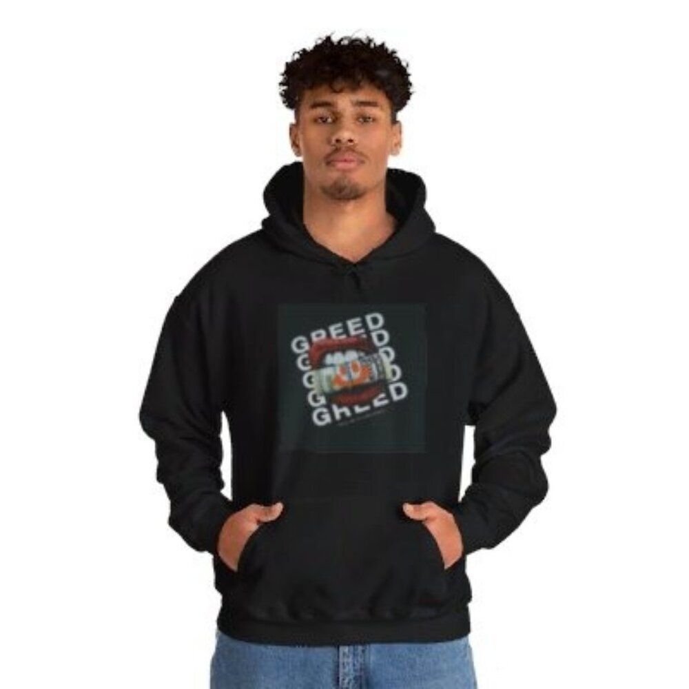 Bold Greed Graphic Hoodie with Retro Money Design on Black Pullover